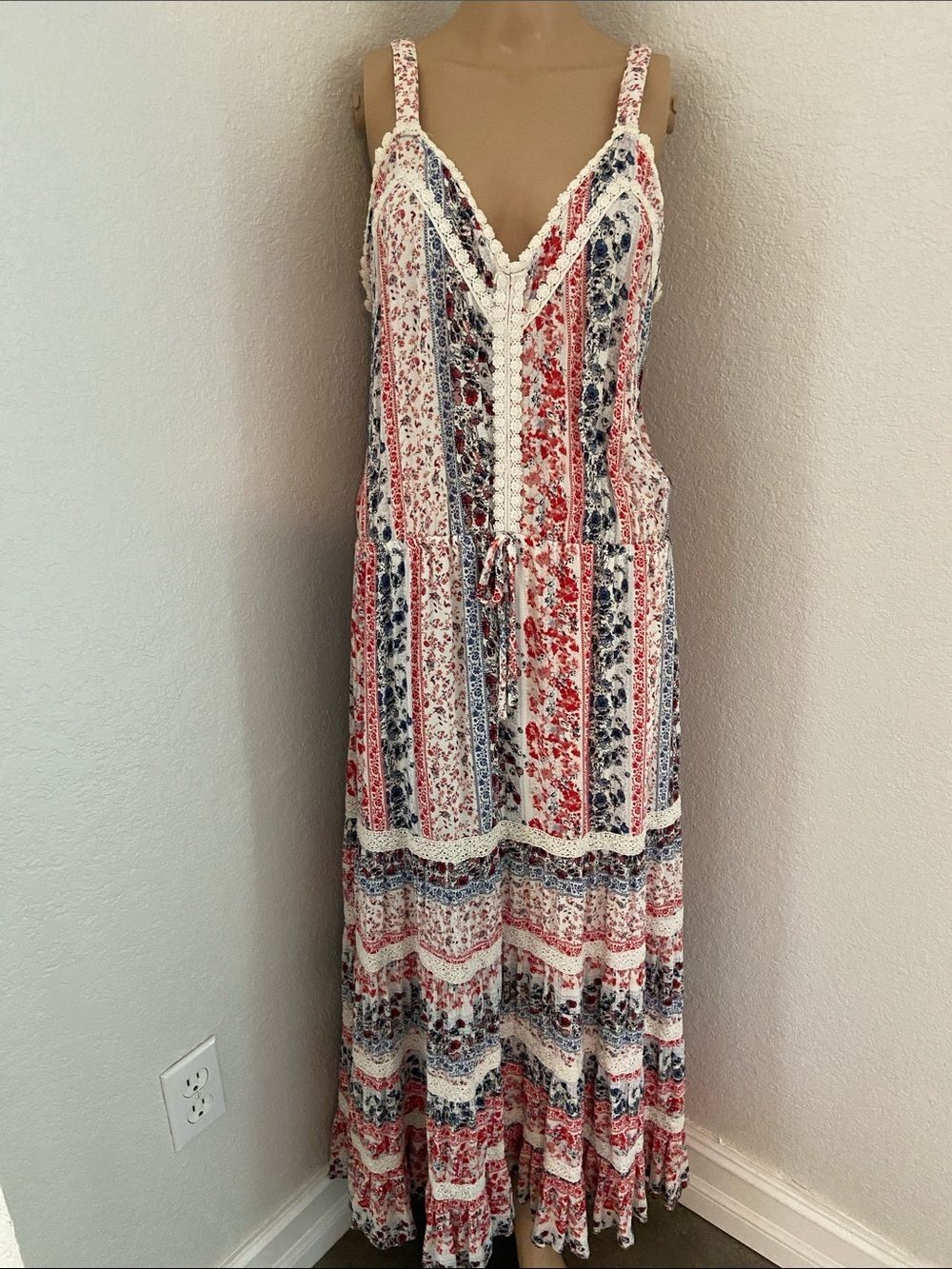 American Rag Red and Blue Floral Maxi Dress size L